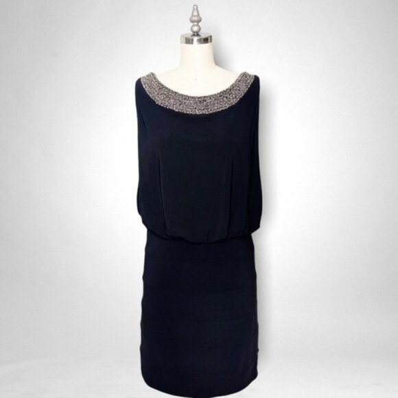 Cachet Black Beaded Neckline Open Back Sheath Dress Medium - Picture 2 of 10